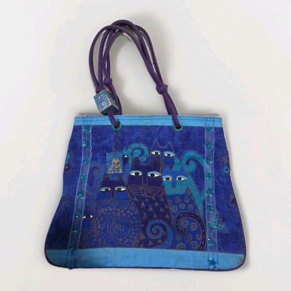Laurel Burch Handbags - Laurel Burch Blue Indigo Cats Painted Canvas Bag  Double Handle Purse Tote
